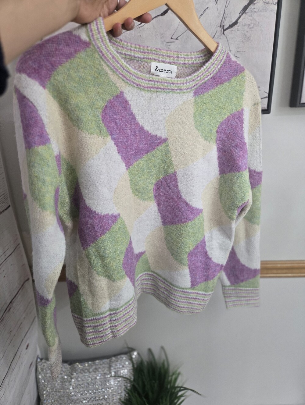 NWT &merci Pastel Geometric Fuzzy Knit Sweater Size Small - Picture 9 of 16